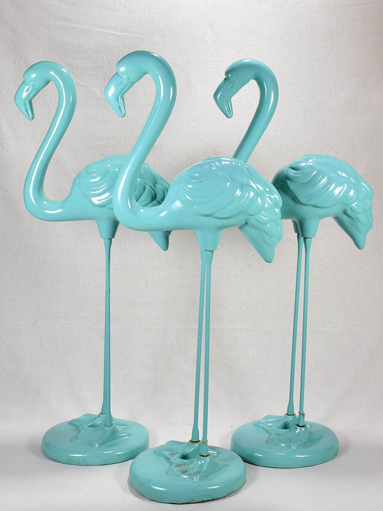 Collection of 3 life size vintage Flamingos - aqua blue resin and iron 47¼"