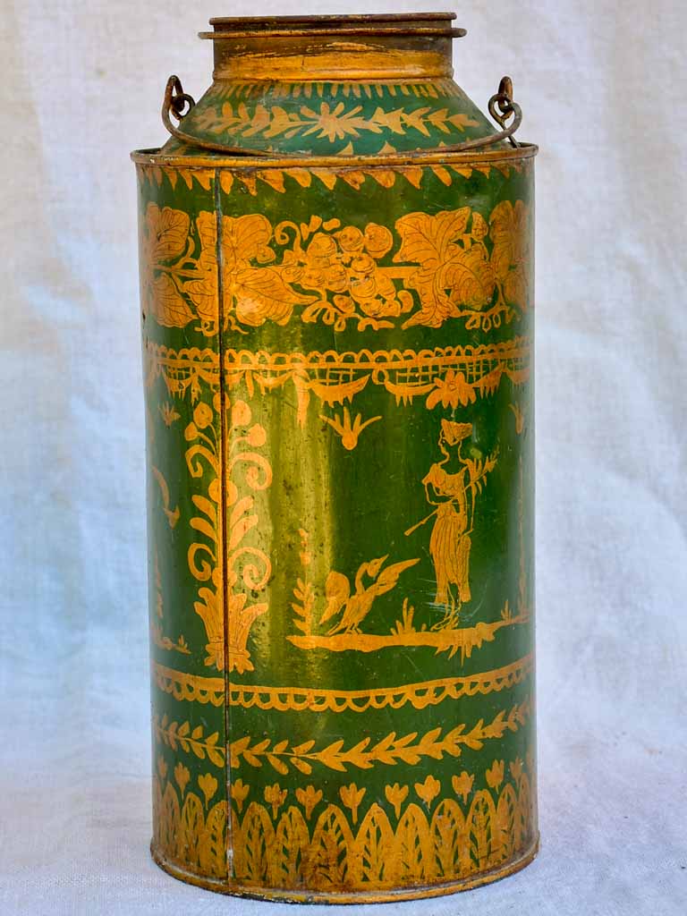 19th Century French tea tin - green and gold 13"