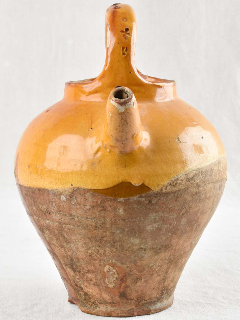 ANTIQUE FRENCH TERRACOTTA PITCHER WITH YELLOW GLAZE 11¾"