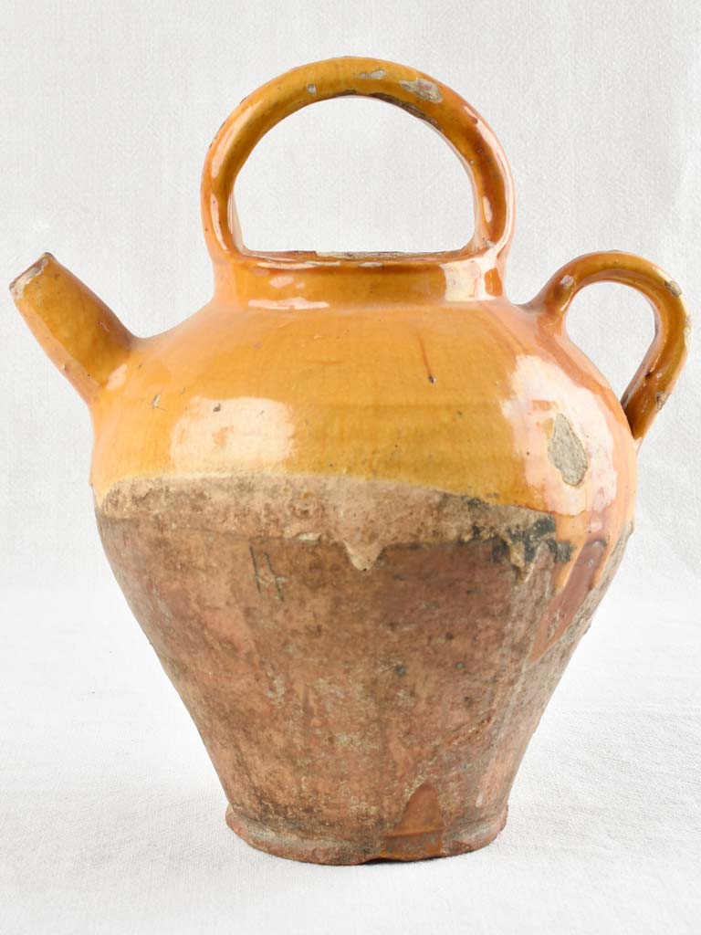 ANTIQUE FRENCH TERRACOTTA PITCHER WITH YELLOW GLAZE 11¾"