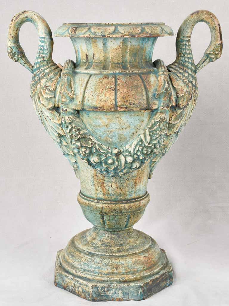 Pair of exquisite Napoleon III cast iron planters with swans and garlands 28"