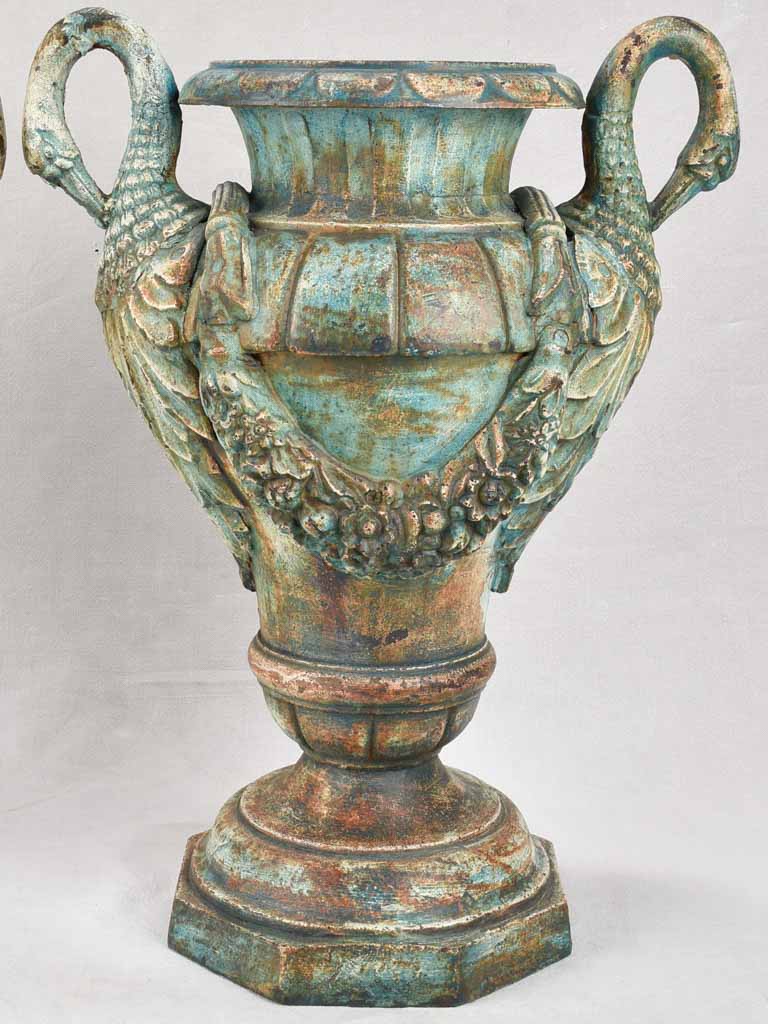 Pair of exquisite Napoleon III cast iron planters with swans and garlands 28"