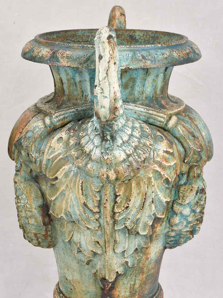 Pair of exquisite Napoleon III cast iron planters with swans and garlands 28"