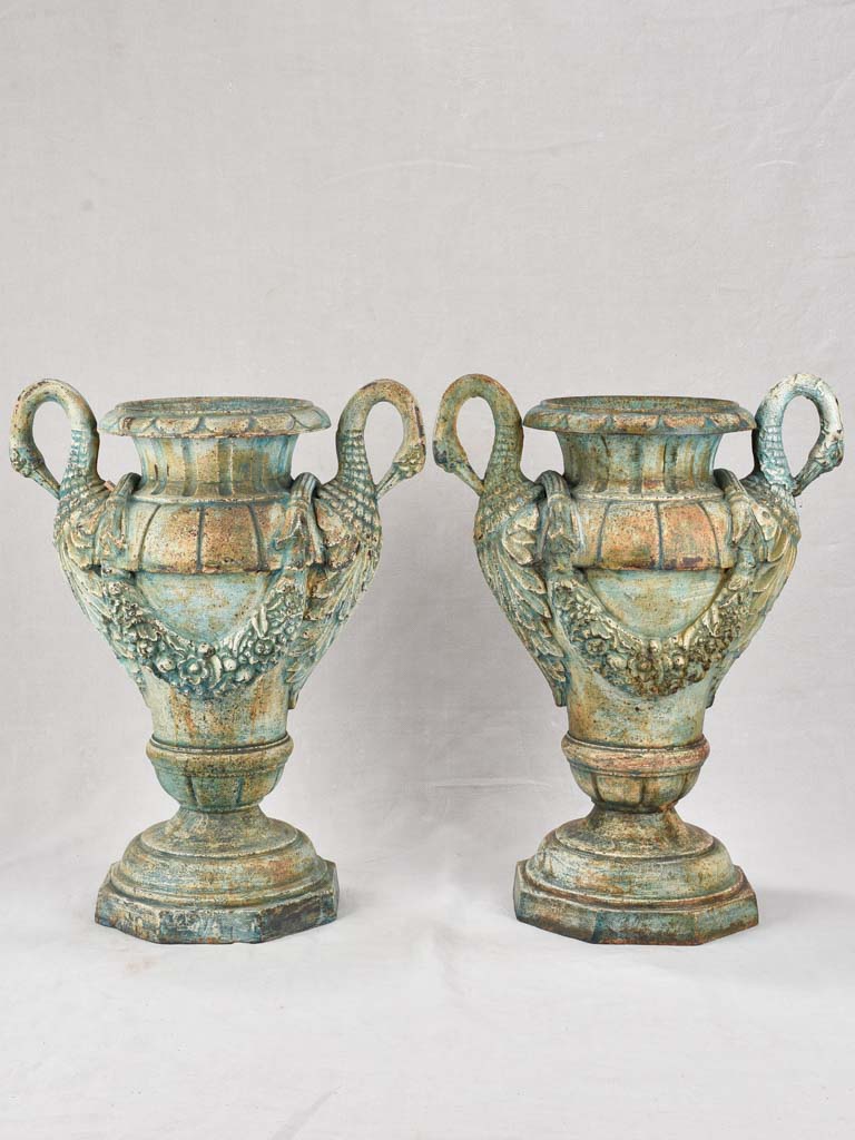 Pair of exquisite Napoleon III cast iron planters with swans and garlands 28"