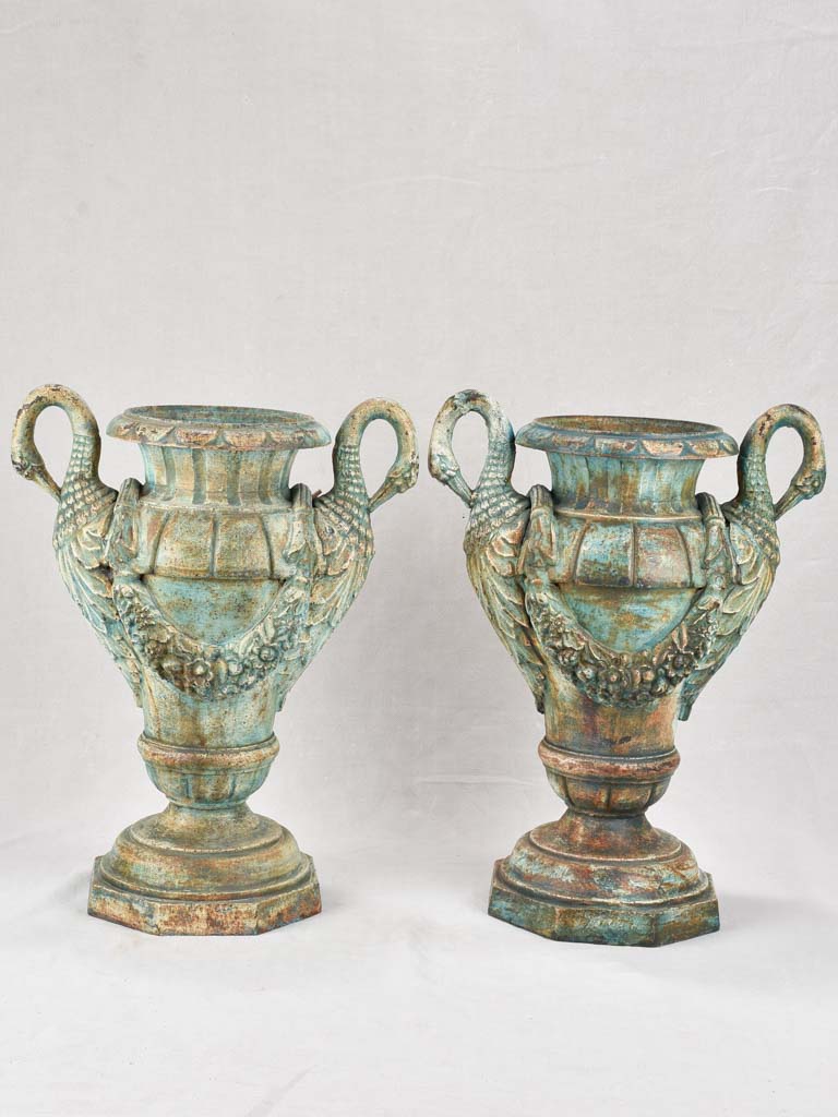 Pair of exquisite Napoleon III cast iron planters with swans and garlands 28"