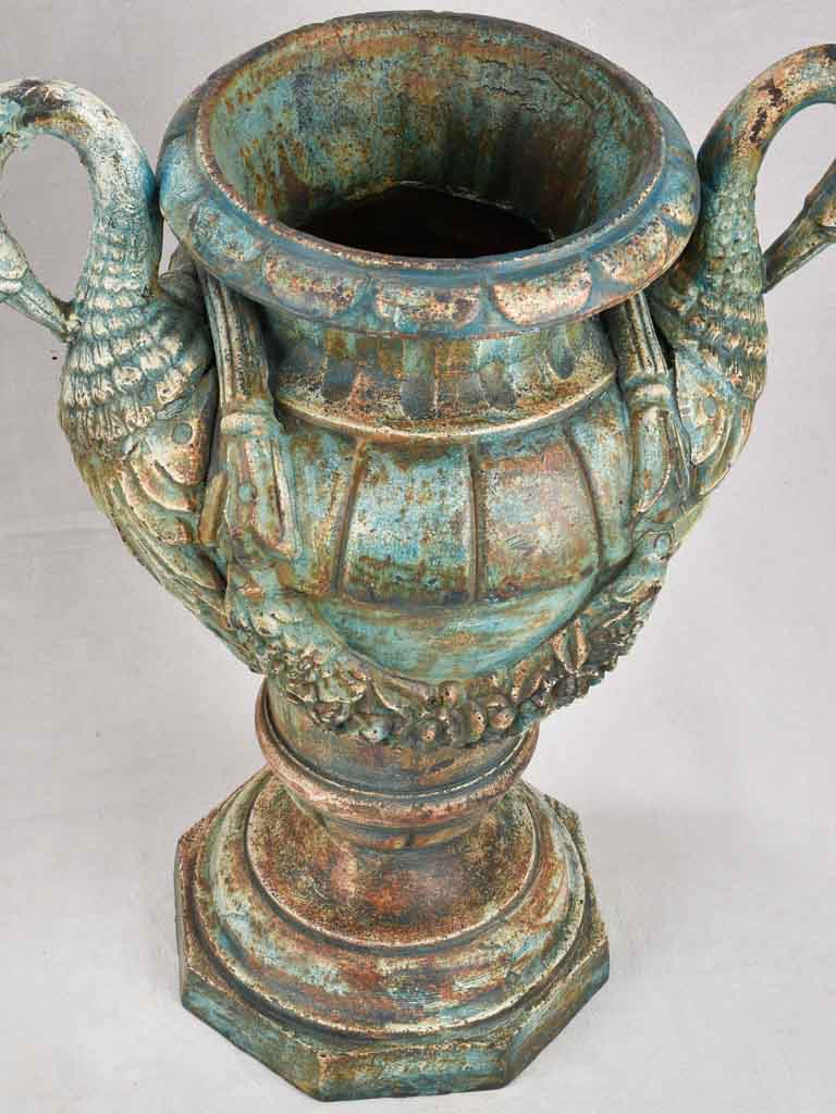 Pair of exquisite Napoleon III cast iron planters with swans and garlands 28"