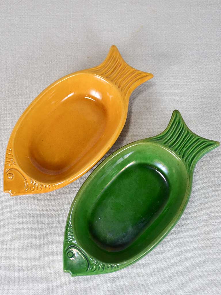 Two fish-shaped aperitif nut/olive/sardine bowls 9½"