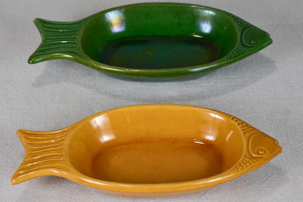 Two fish-shaped aperitif nut/olive/sardine bowls 9½"