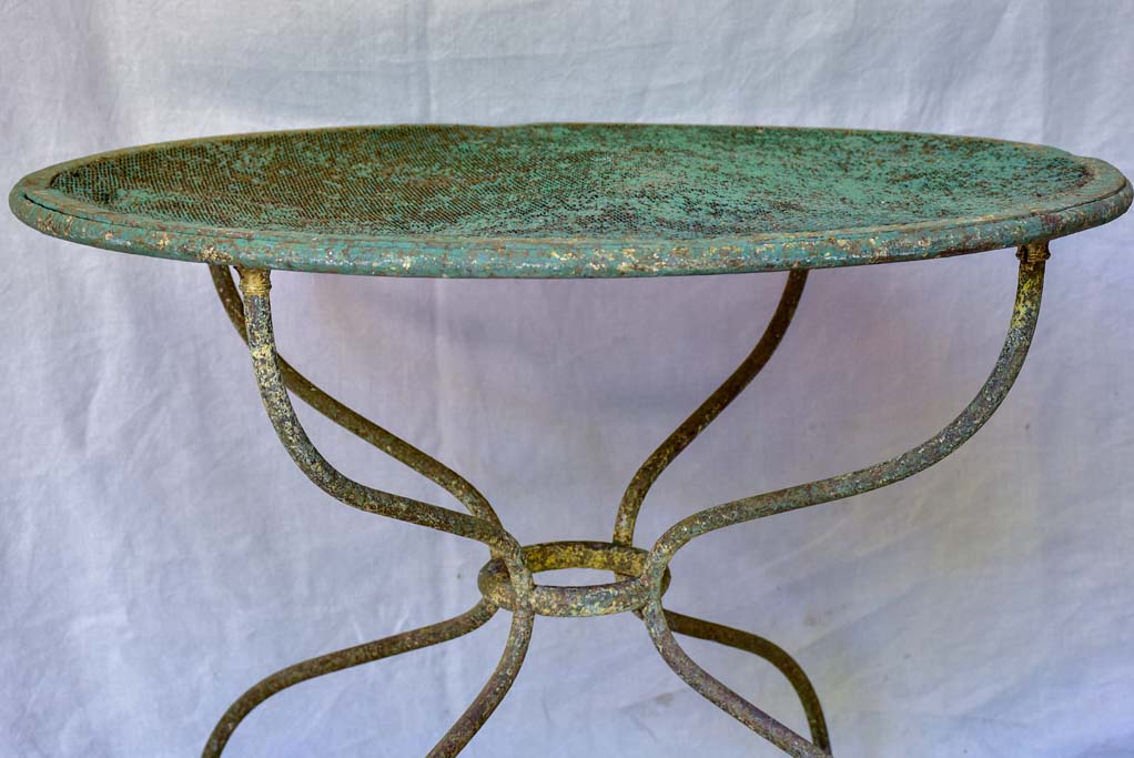 Rustic antique French garden table with green mesh 32"