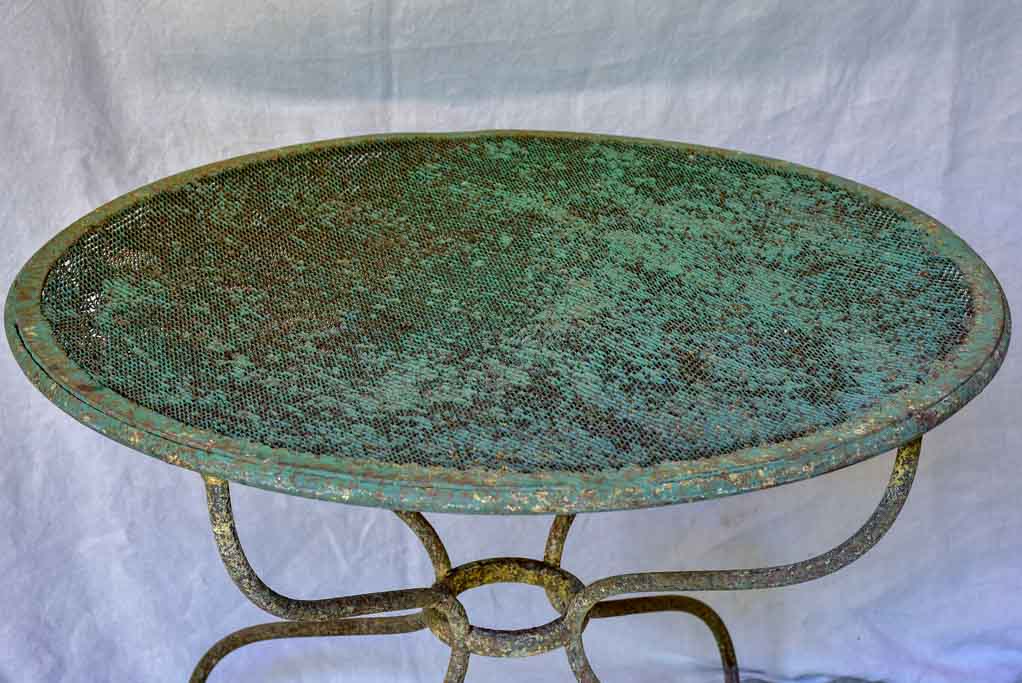 Rustic antique French garden table with green mesh 32"