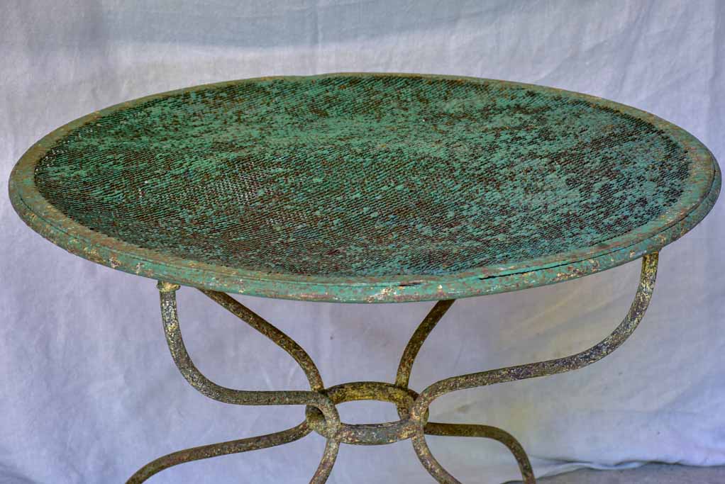 Rustic antique French garden table with green mesh 32"