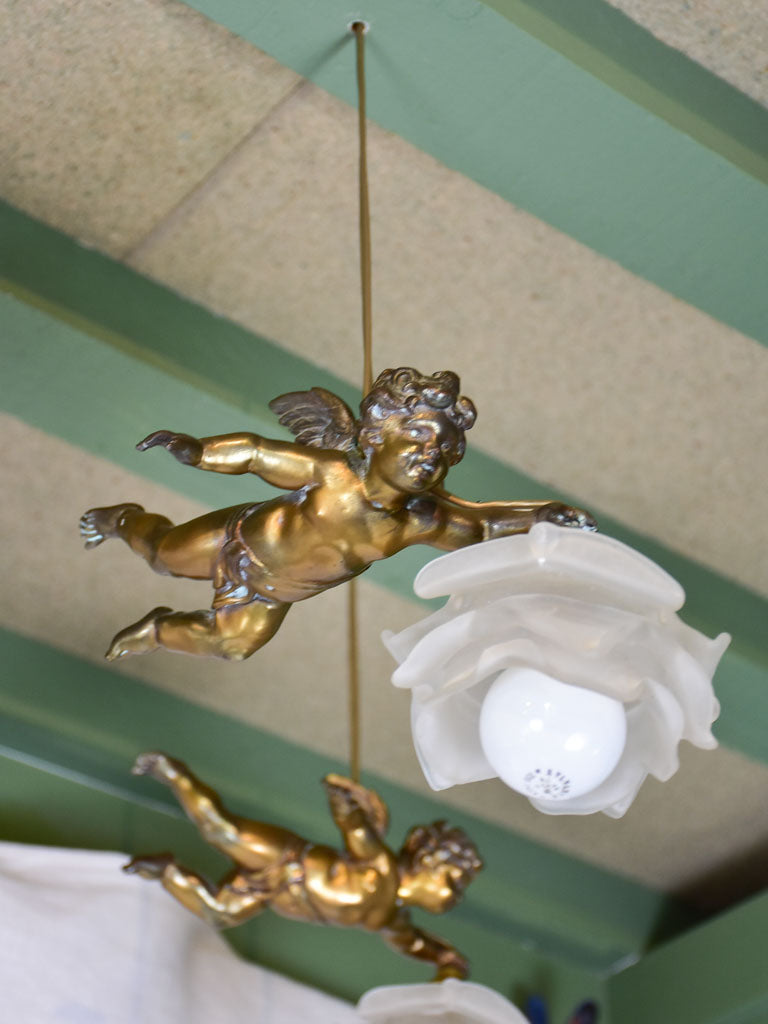 Rare pair of angel lights with opaque flowers 9"