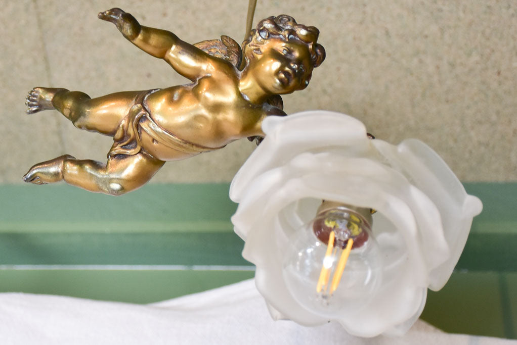 Rare pair of angel lights with opaque flowers 9"