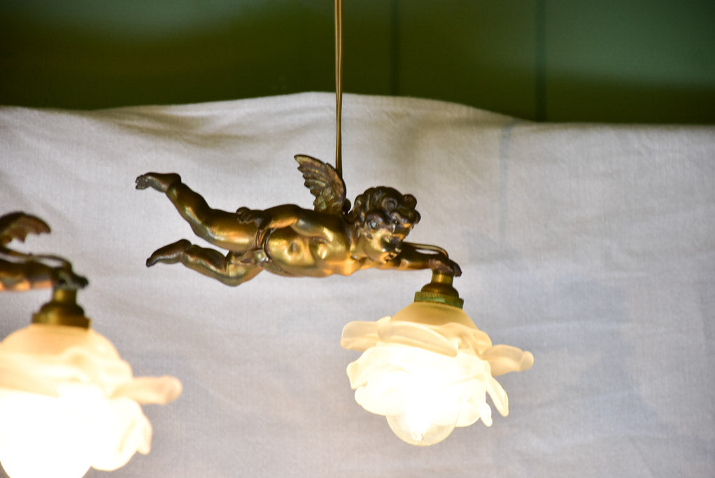 Rare pair of angel lights with opaque flowers 9"