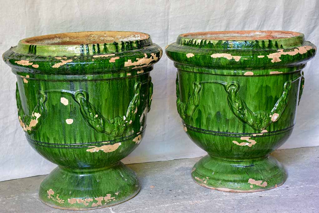 Pair of large French garden urns with Green glaze from St John De Fos 26"