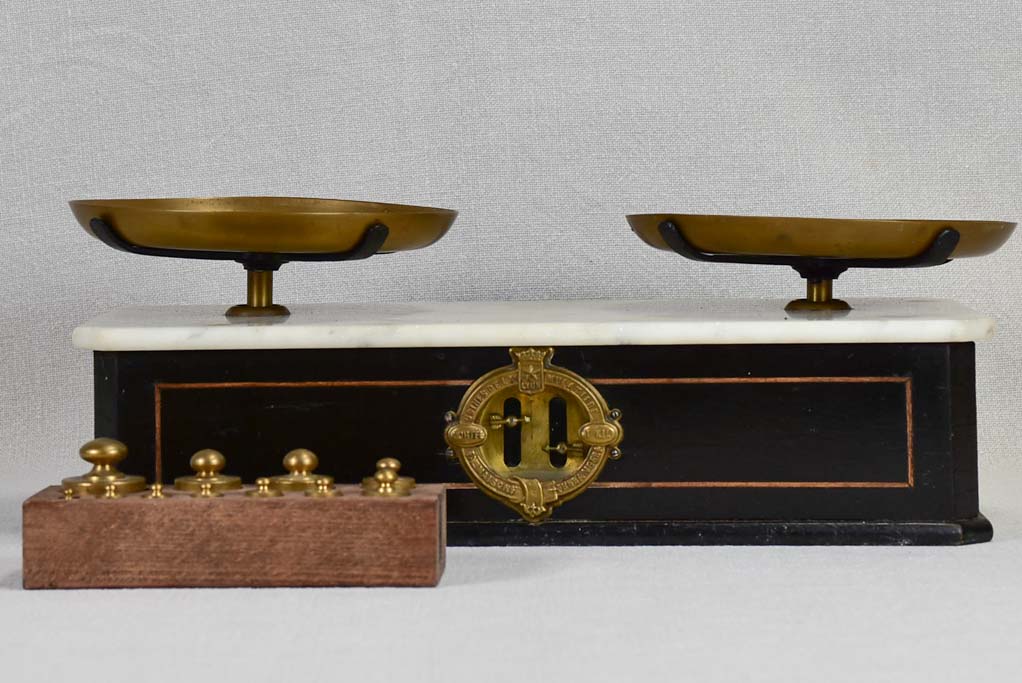 Set of antique French scales with marble top and weights 15¼"