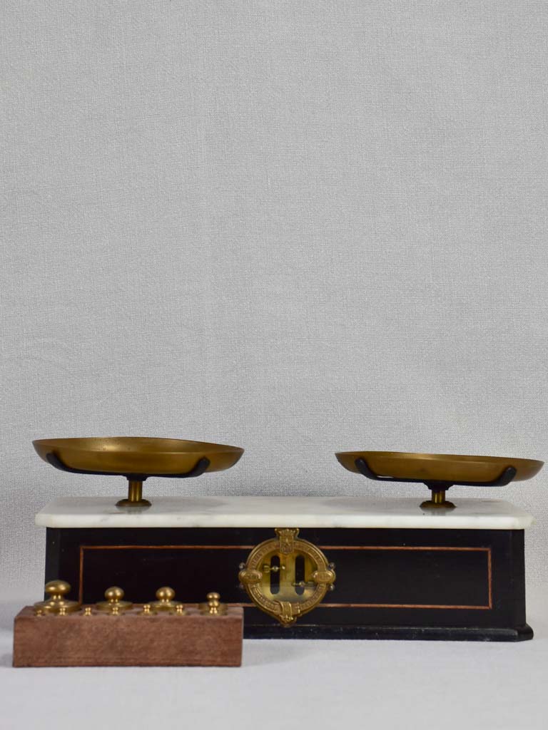 Set of antique French scales with marble top and weights 15¼"