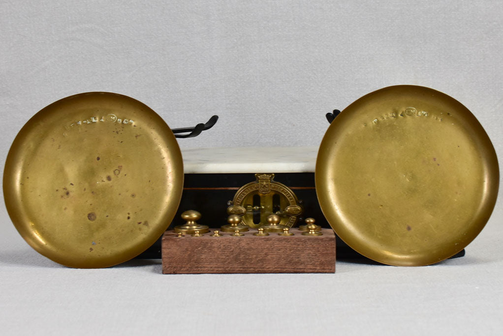 Set of antique French scales with marble top and weights 15¼"