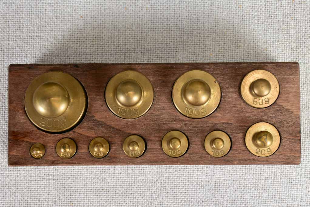 Set of antique French scales with marble top and weights 15¼"