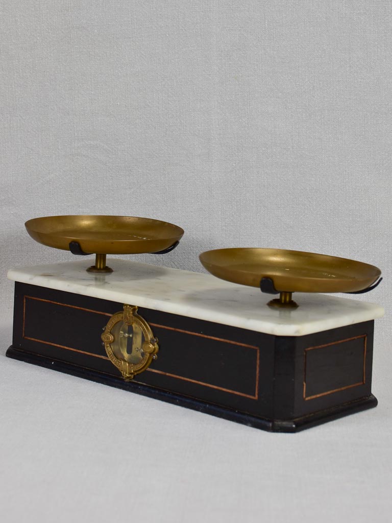 Set of antique French scales with marble top and weights 15¼"