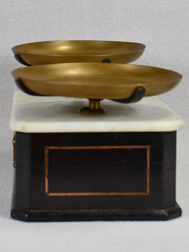 Set of antique French scales with marble top and weights 15¼"