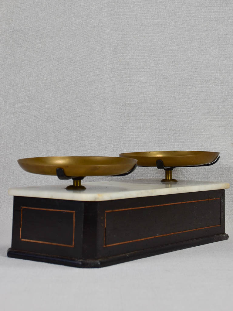 Set of antique French scales with marble top and weights 15¼"