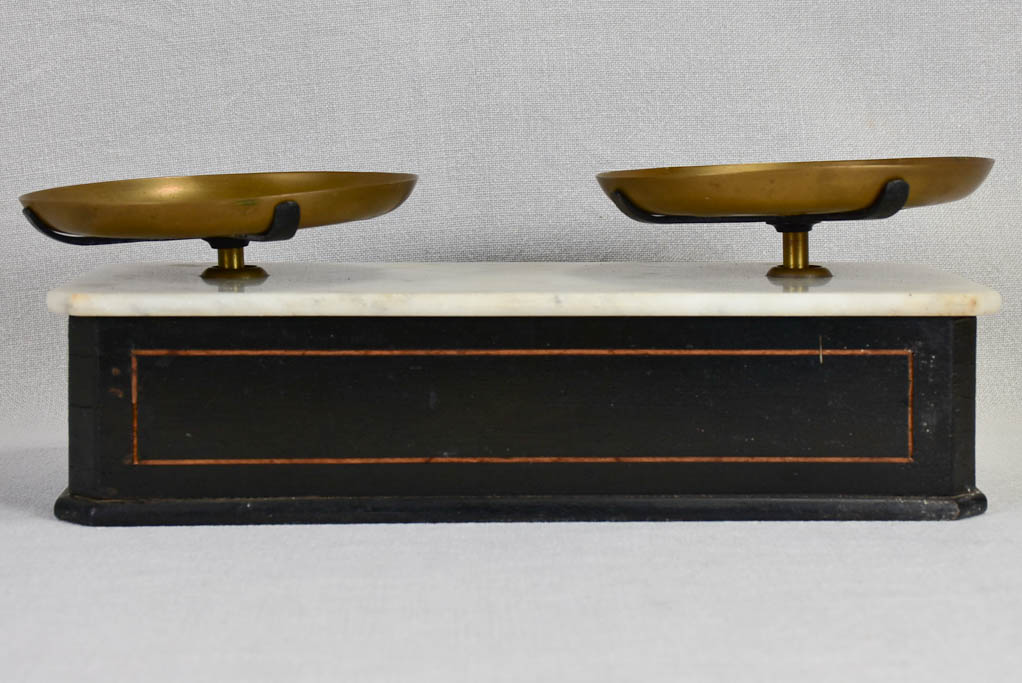 Set of antique French scales with marble top and weights 15¼"