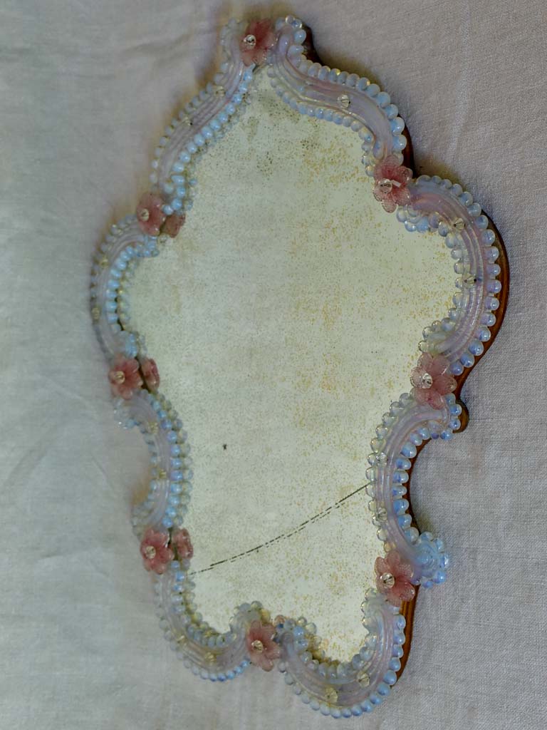 Antique Venetian mirror with pink glass flower frame 20" x 17¾"