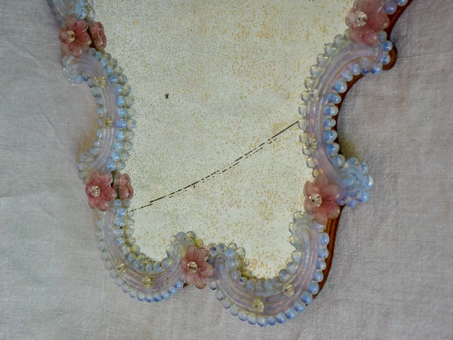 Antique Venetian mirror with pink glass flower frame 20" x 17¾"