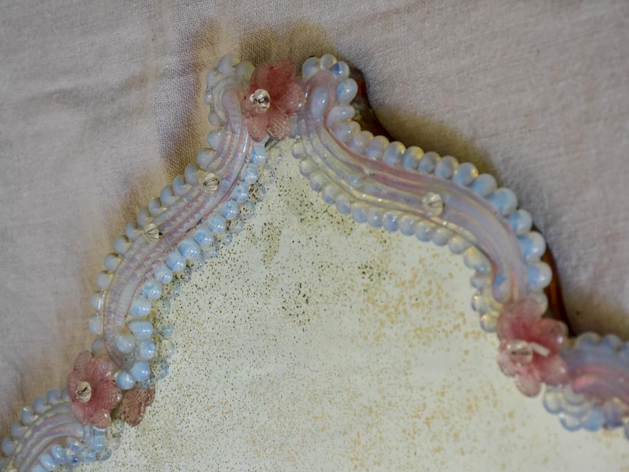 Antique Venetian mirror with pink glass flower frame 20" x 17¾"