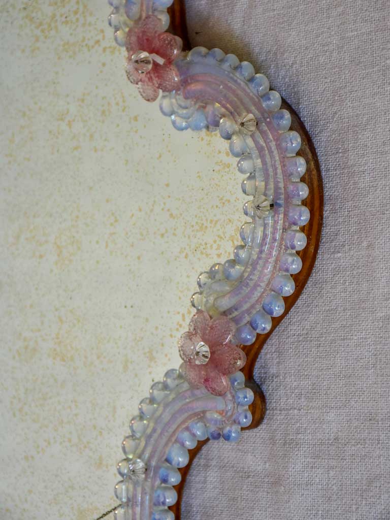 Antique Venetian mirror with pink glass flower frame 20" x 17¾"