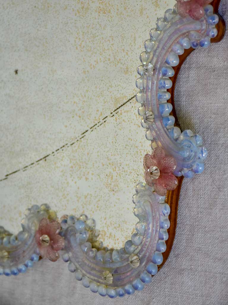 Antique Venetian mirror with pink glass flower frame 20" x 17¾"