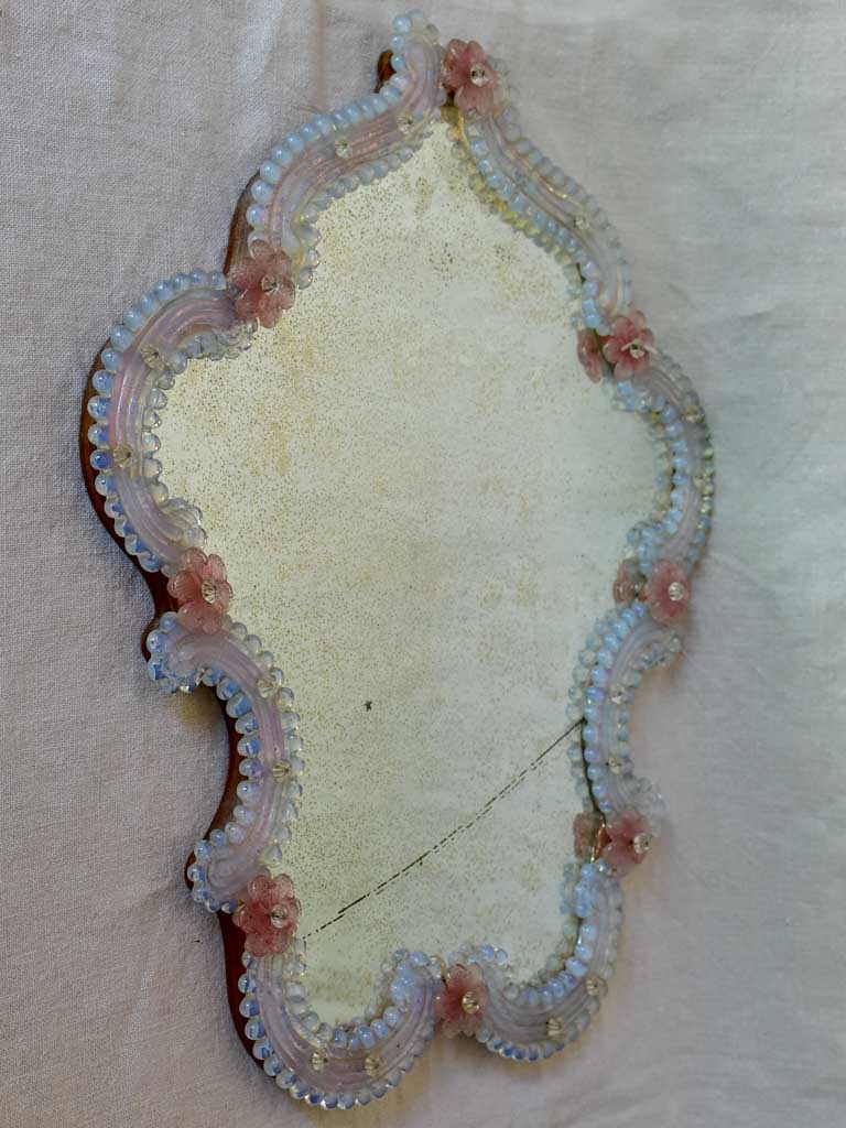 Antique Venetian mirror with pink glass flower frame 20" x 17¾"