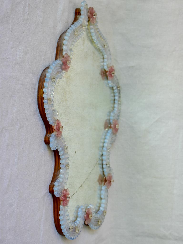 Antique Venetian mirror with pink glass flower frame 20" x 17¾"