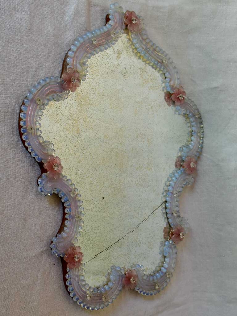 Antique Venetian mirror with pink glass flower frame 20" x 17¾"