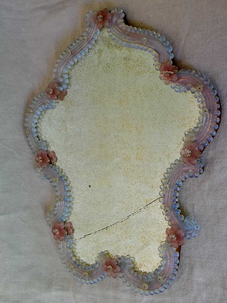 Antique Venetian mirror with pink glass flower frame 20" x 17¾"