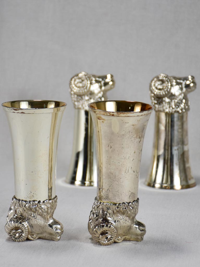 Set of four silver plate hunter's glasses - ram's heads