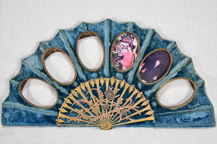 Antique fan-shaped blue velvet frame