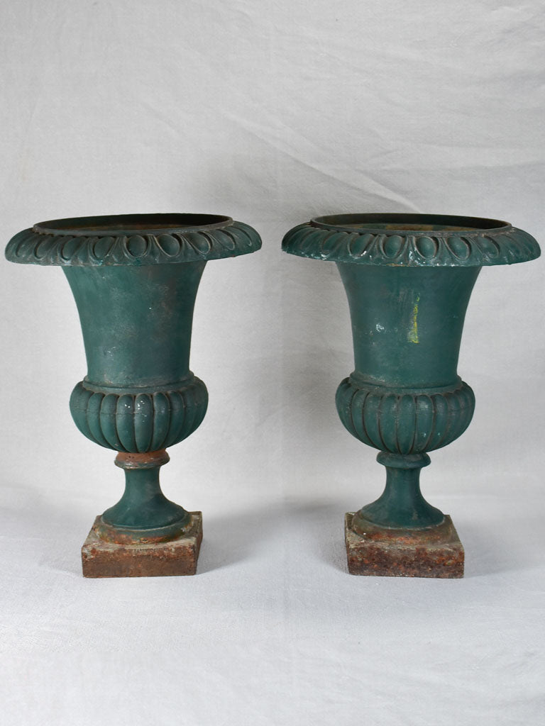 Pair of 19th century French Medici urns with green patina - 19¼"