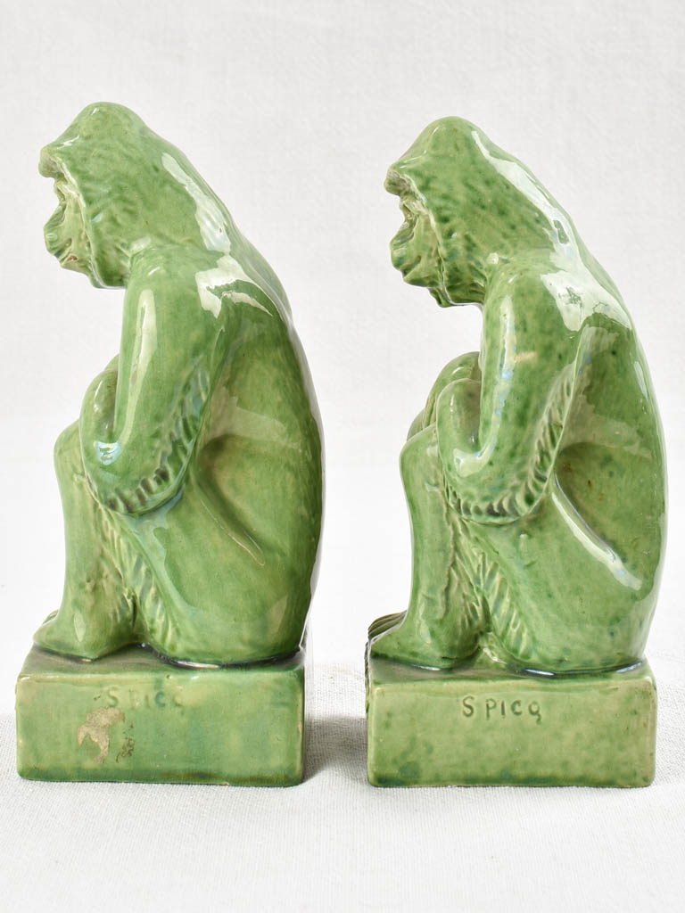 Pair of green monkey bookends from Vallauris 8¾"