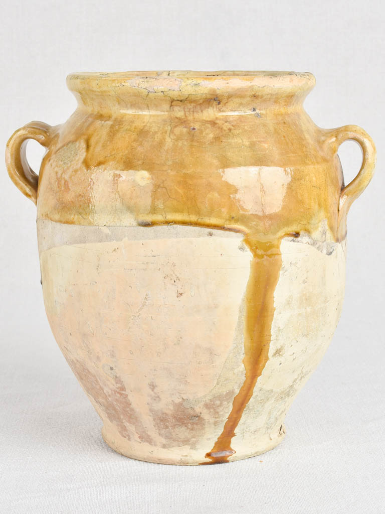 Antique French confit pot with yellow and green glaze 11"