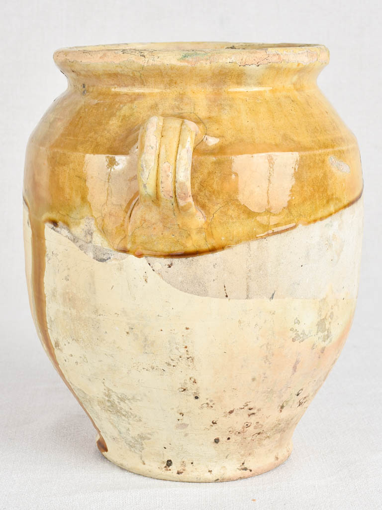 Antique French confit pot with yellow and green glaze 11"
