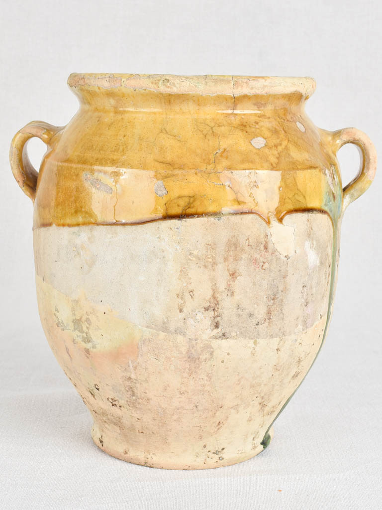 Antique French confit pot with yellow and green glaze 11"