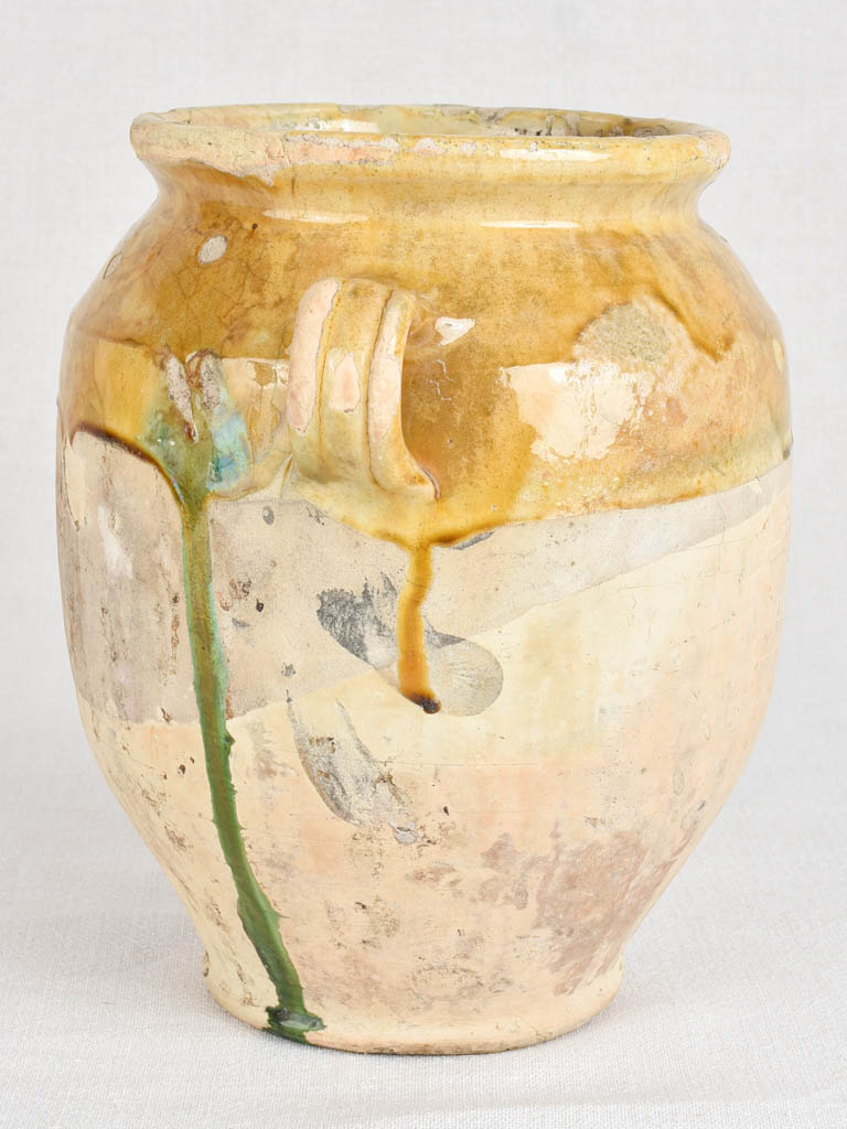 Antique French confit pot with yellow and green glaze 11"