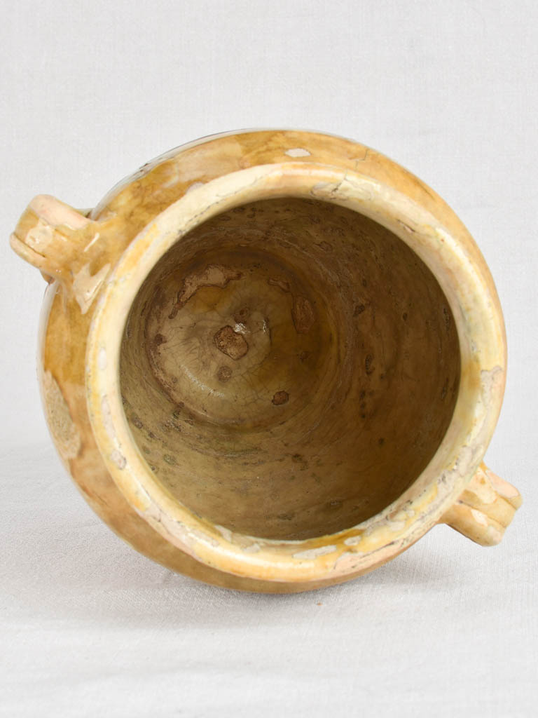 Antique French confit pot with yellow and green glaze 11"
