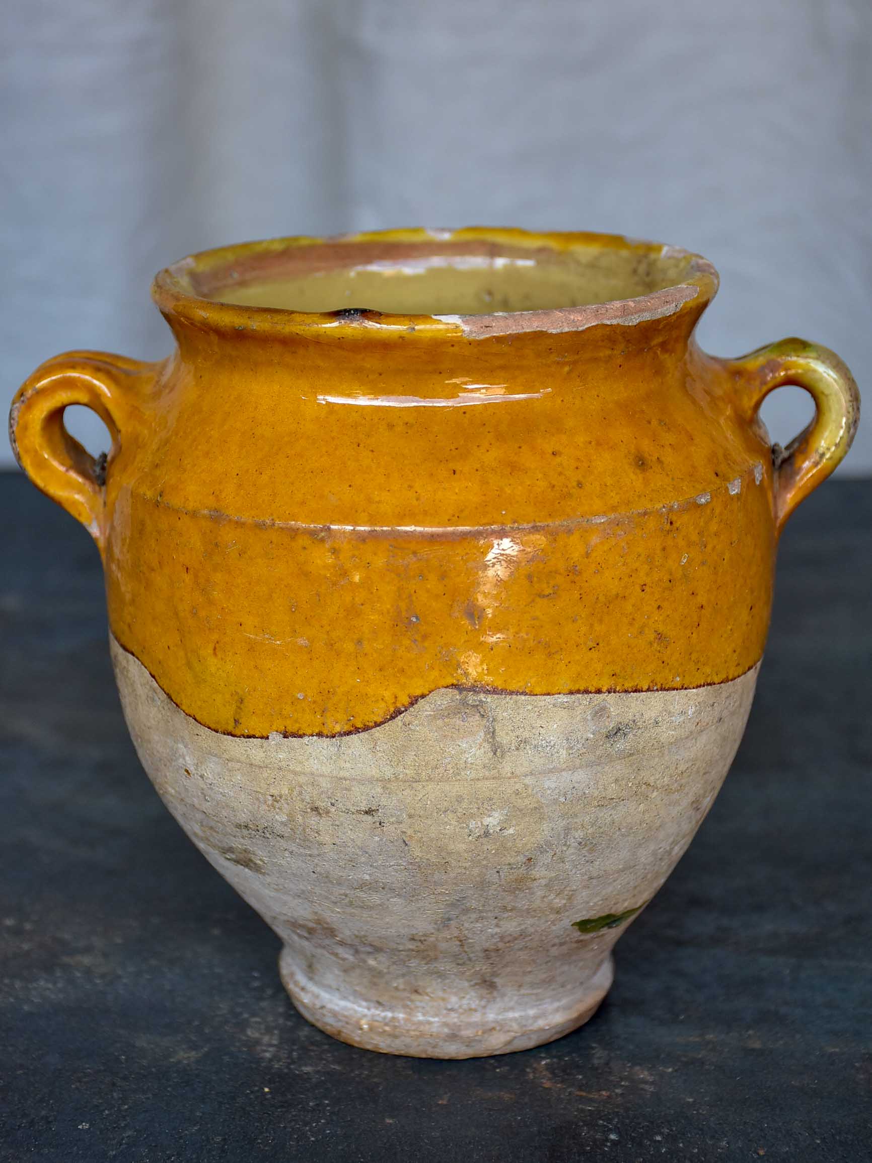 Antique French confit pot with yellow glaze 7 ¼''