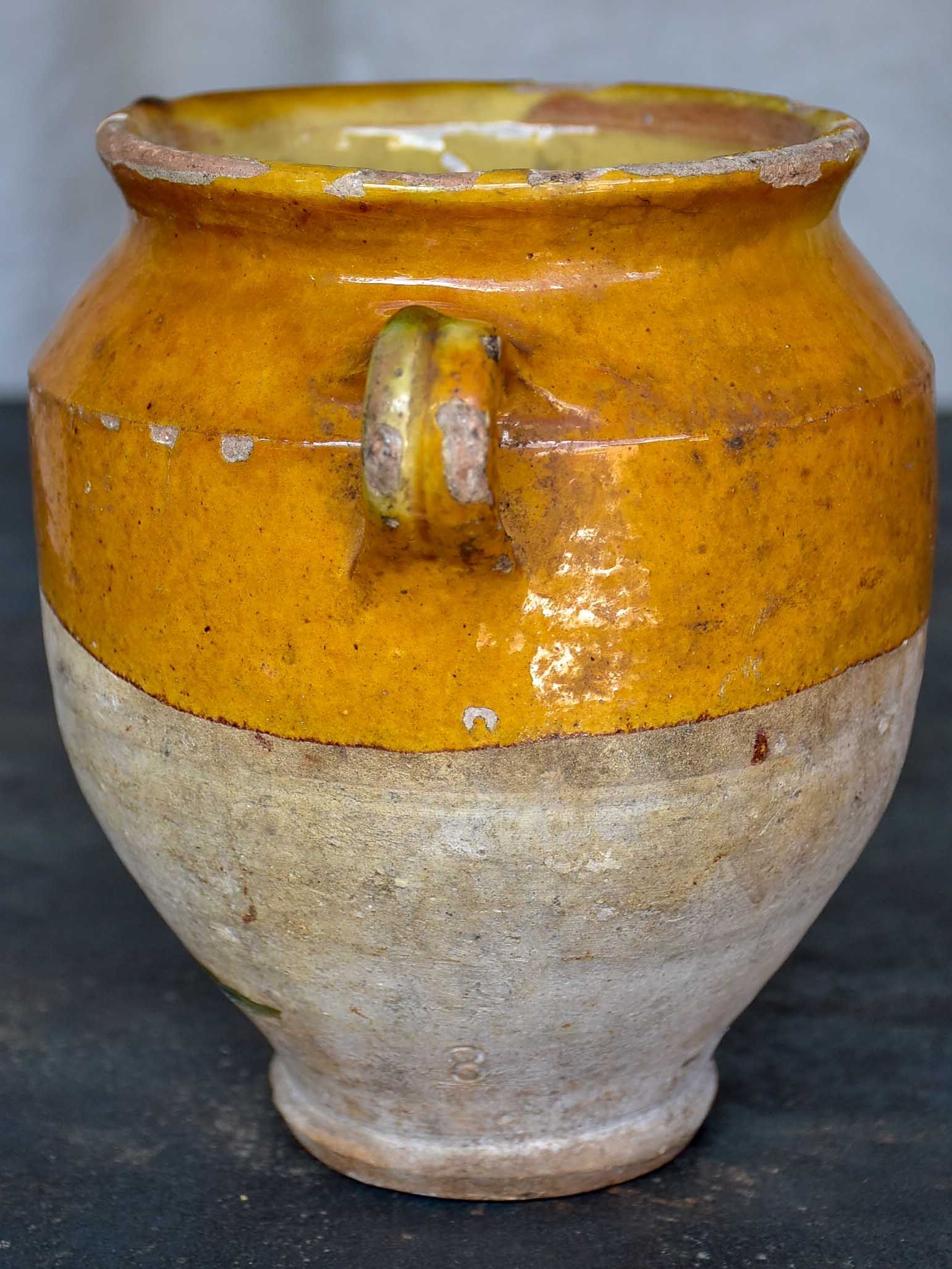 Antique French confit pot with yellow glaze 7 ¼''