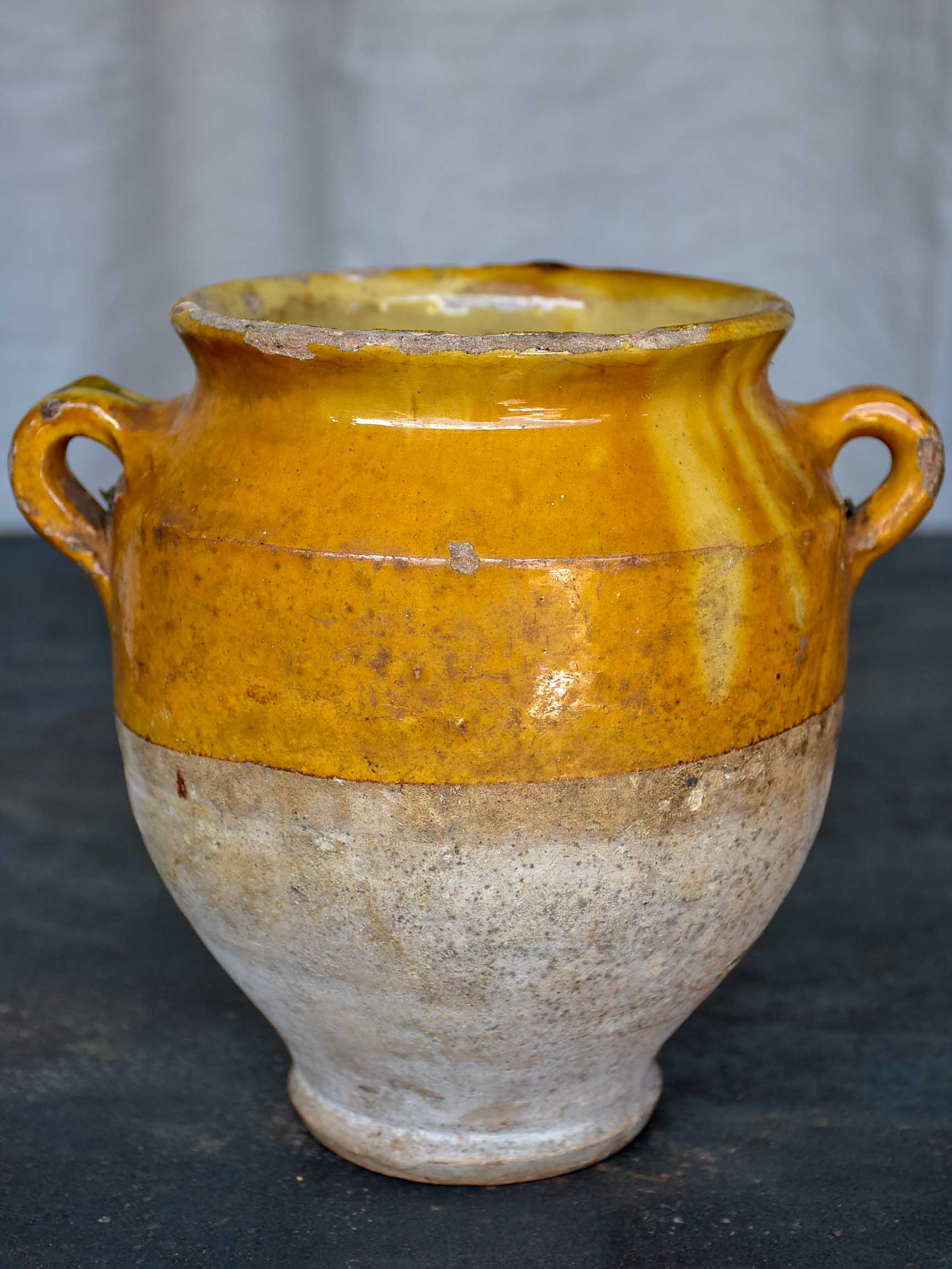 Antique French confit pot with yellow glaze 7 ¼''