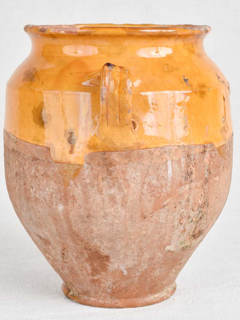 Antique French confit pot with yellow / orange glaze 11"