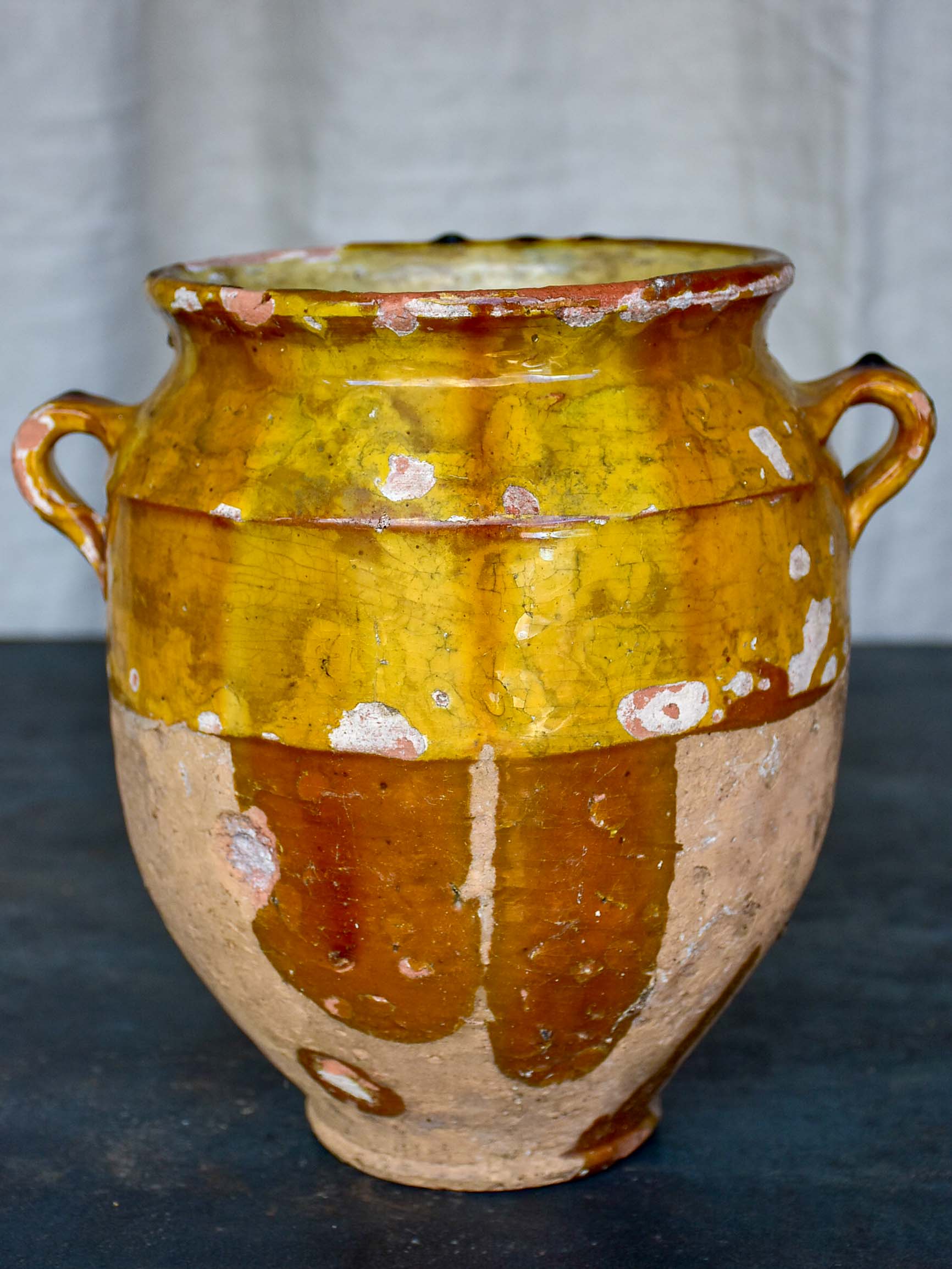 Antique French preserving pot with yellow glaze and handles 9 ½''